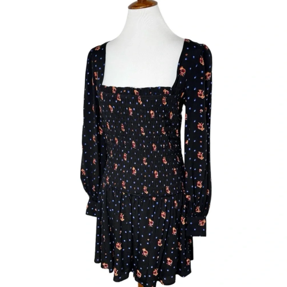 Free People Smocked Floral Celestial Star Black Long Sleeve Skater Mini Dress - Picture 6 of 14